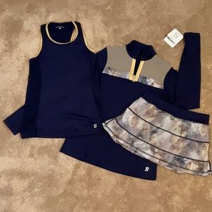 Sofibella 3 Pc tennis outfit tank, skort, pullover size S navy, gray and leopard